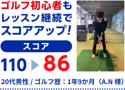 20代男性 / ゴルフ歴：1年9か月（A.N 様）ゴルフ初心者もレッスン継続でスコアアップ！ スコア 110→86